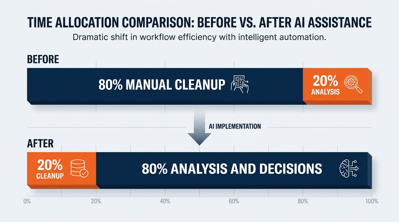 Two pie charts side by side showing before and after time allocation for a show operations and logistics analyst — left chart labeled 'Before Copilot' shows 60% mechanical data work in gray and 40% judgment and insight in blue — right chart labeled 'With Copilot' shows 20% mechanical work in gray and 80% judgment and insight in blue — the insight segment on the right is labeled 'where the value lives' in orange