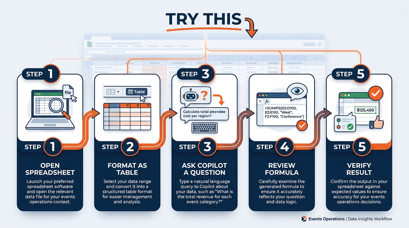 Step-by-step workflow diagram for the Try This exercise — six numbered steps in a left-to-right horizontal flow: Set up your table, Ask for a formula, Explore with a question, Request a chart, Ask for outliers, Verify everything — each step has a small illustration of the Excel interface at that stage and a 2–3 minute time estimate