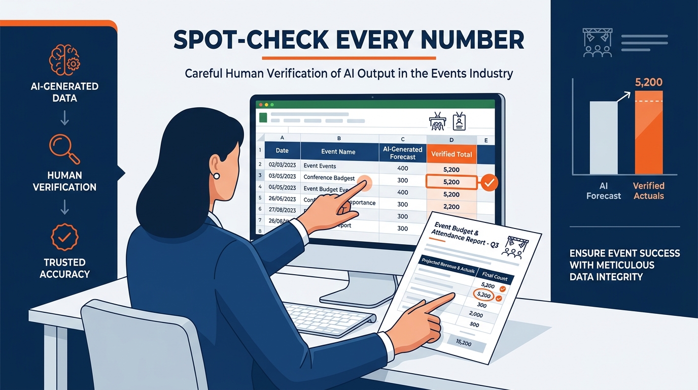 Infographic illustrating the verification discipline for AI-assisted exhibition analytics — a workflow diagram showing the steps from Copilot output to verified analytical conclusion: Step 1 receive Copilot output, Step 2 check the methodology explanation, Step 3 spot-check against a known invoice or tariff line, Step 4 validate edge cases, Step 5 sign off as the professional — each step with a brief explanation and a show operations example of what can go wrong if skipped