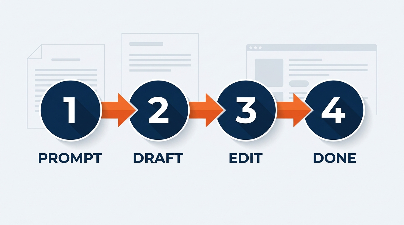 Horizontal flowchart showing six stages from prompt to finished deck — Your Prompt, Copilot Questions, Outline Generated, You Review Outline, Slides Generated, Refine via Chat