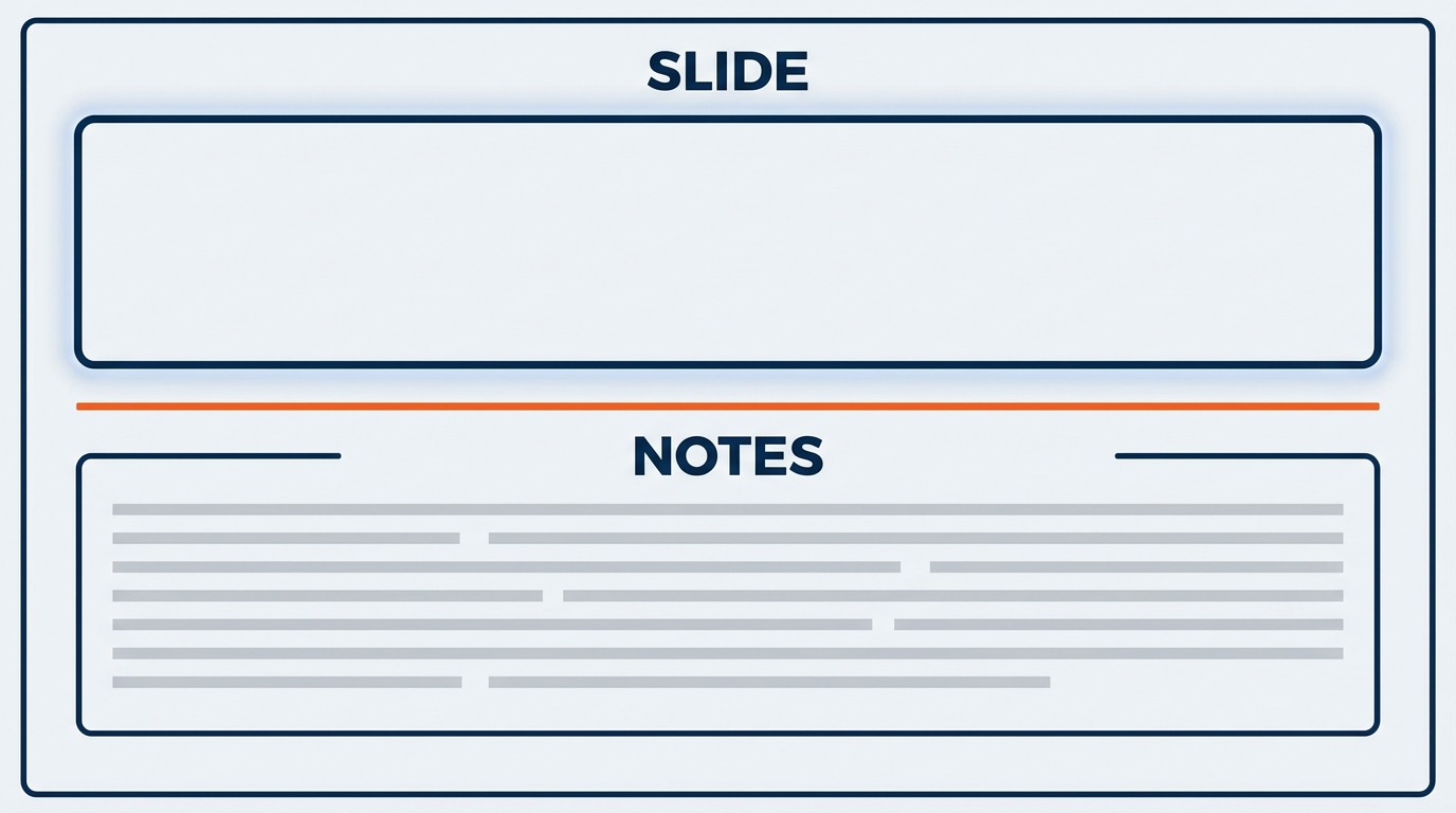 Infographic showing Copilot generating speaker notes for a PowerPoint slide — top half shows slide with show performance data, bottom half shows speaker notes panel with detailed talking points, statistics to mention, and transition phrases — Copilot chat prompt visible requesting notes with key talking points and transitions