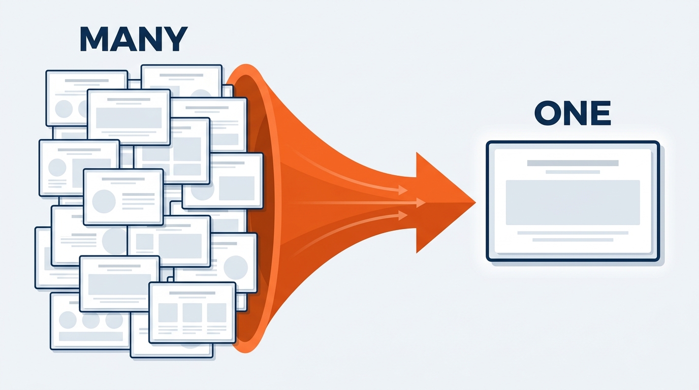 Infographic showing Copilot summarizing a 40-slide show package into a concise executive summary — left shows thick stack of 40 slides, center shows Copilot chat with summarization prompt, right shows clean one-page output with 5 key points and a decision box, funnel graphic illustrating compression