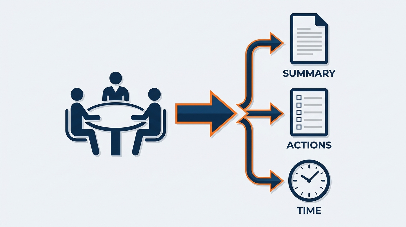 Post-meeting workflow diagram showing three steps from meeting end to action item export — opening the Copilot recap, asking for action items with owners, and exporting responses to Word or Excel