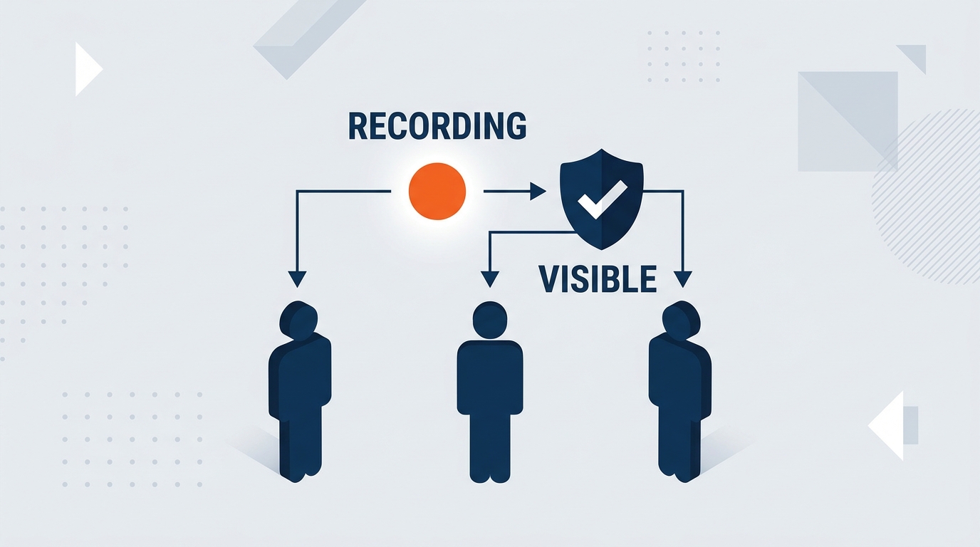 Three-column infographic showing the consent and transparency framework for AI in business meetings — Before the Meeting (disclosure in invite), During the Meeting (visible indicators, participant awareness), After the Meeting (data retention, access controls, secure storage)