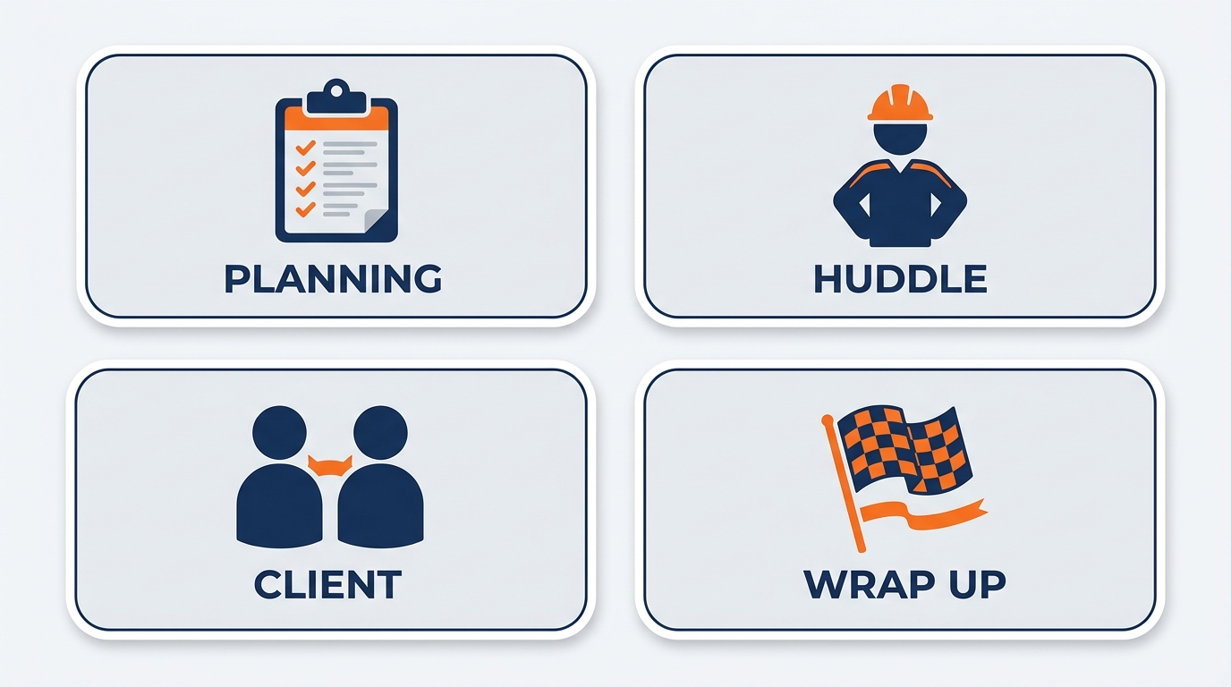 Workflow cards showing GES-specific Copilot in Teams use cases — Pre-Show Planning Call, Move-In Stand-Up, Site Survey Debrief, Design Review, and Post-Show Reconciliation — each with a description of Copilot's specific value in that context