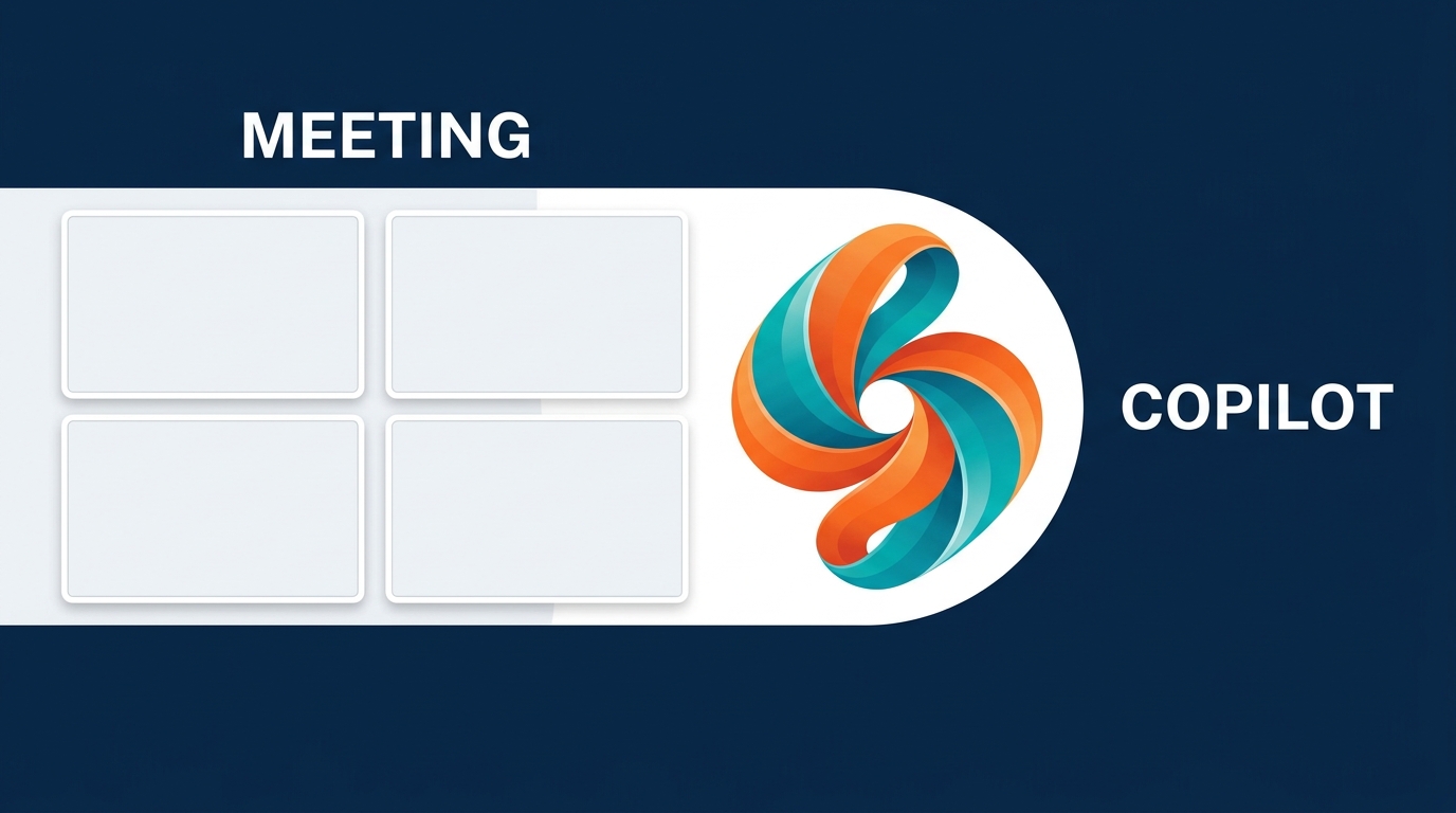 Illustrated explainer infographic summarizing Copilot in Teams meeting intelligence — showing meeting video tiles with Copilot chat panel open, labeled callouts for real-time summaries, action item extraction, late-joiner catch-up notification, and post-meeting export to Word or Excel