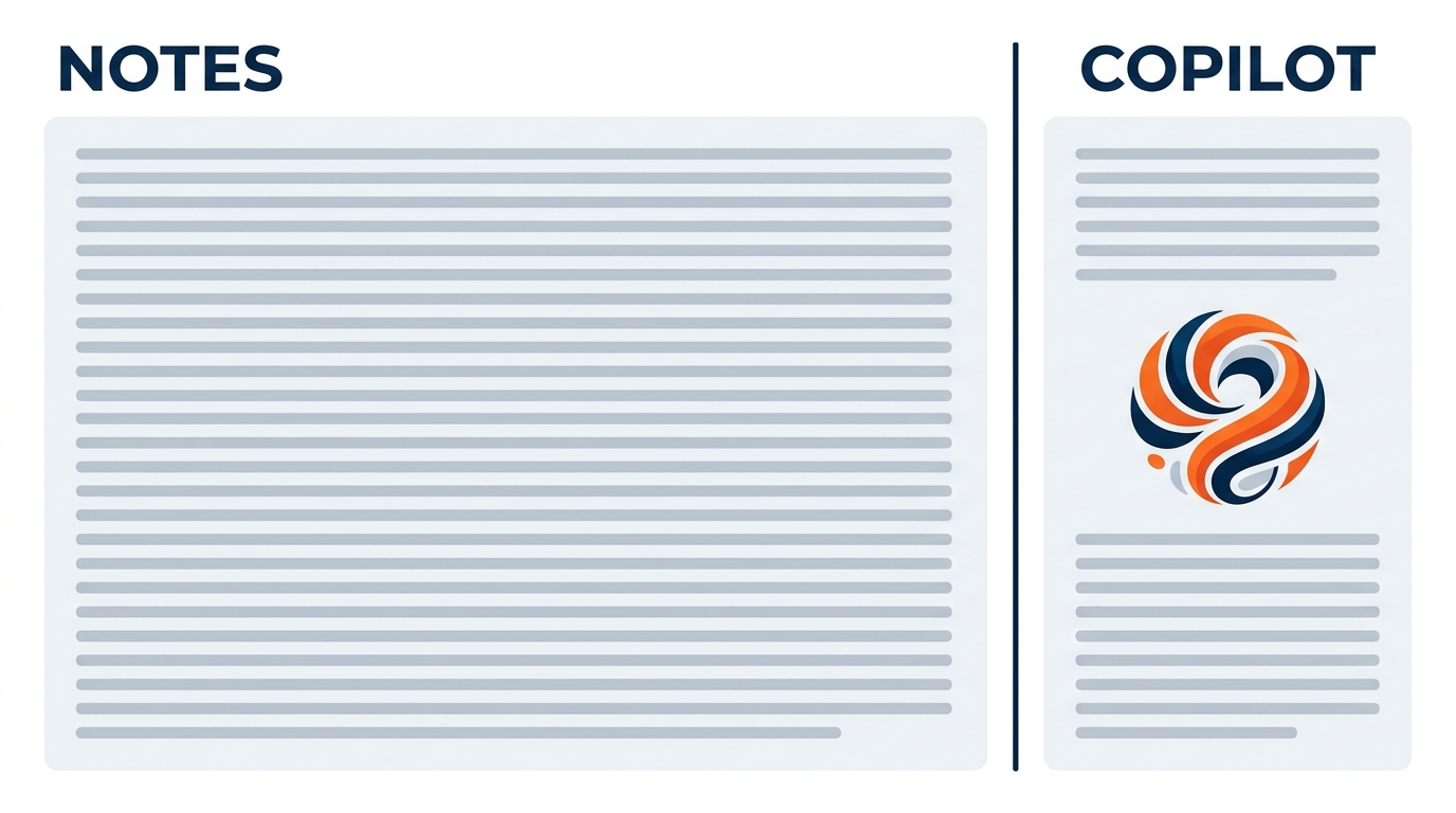 Illustration of the Copilot pane inside Microsoft OneNote — the left side shows a OneNote page with structured site survey notes in bullet form, the right side shows the Copilot sidebar pane with a chat interface, prompt input box at the bottom, and AI-generated summary output above, with labels pointing to the Copilot Pane, Prompt Input Box, Generated Summary Output, and Page Context Indicator