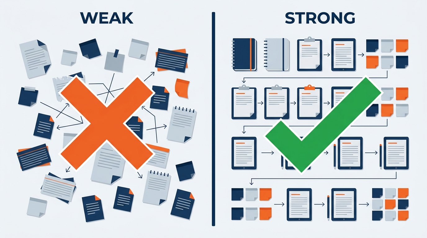 Two-column infographic showing 'Notes AI Can Work With' on the left — clear headers, consistent structure, named people, specific dates, booth and hall numbers, explicit commitments, numbered action items — versus 'Notes AI Struggles With' on the right — stream of consciousness text, abbreviations without context, no names or dates, jumbled topics — with a quality spectrum bar at the bottom running from red to green and the caption 'Better notes equal better Copilot output'