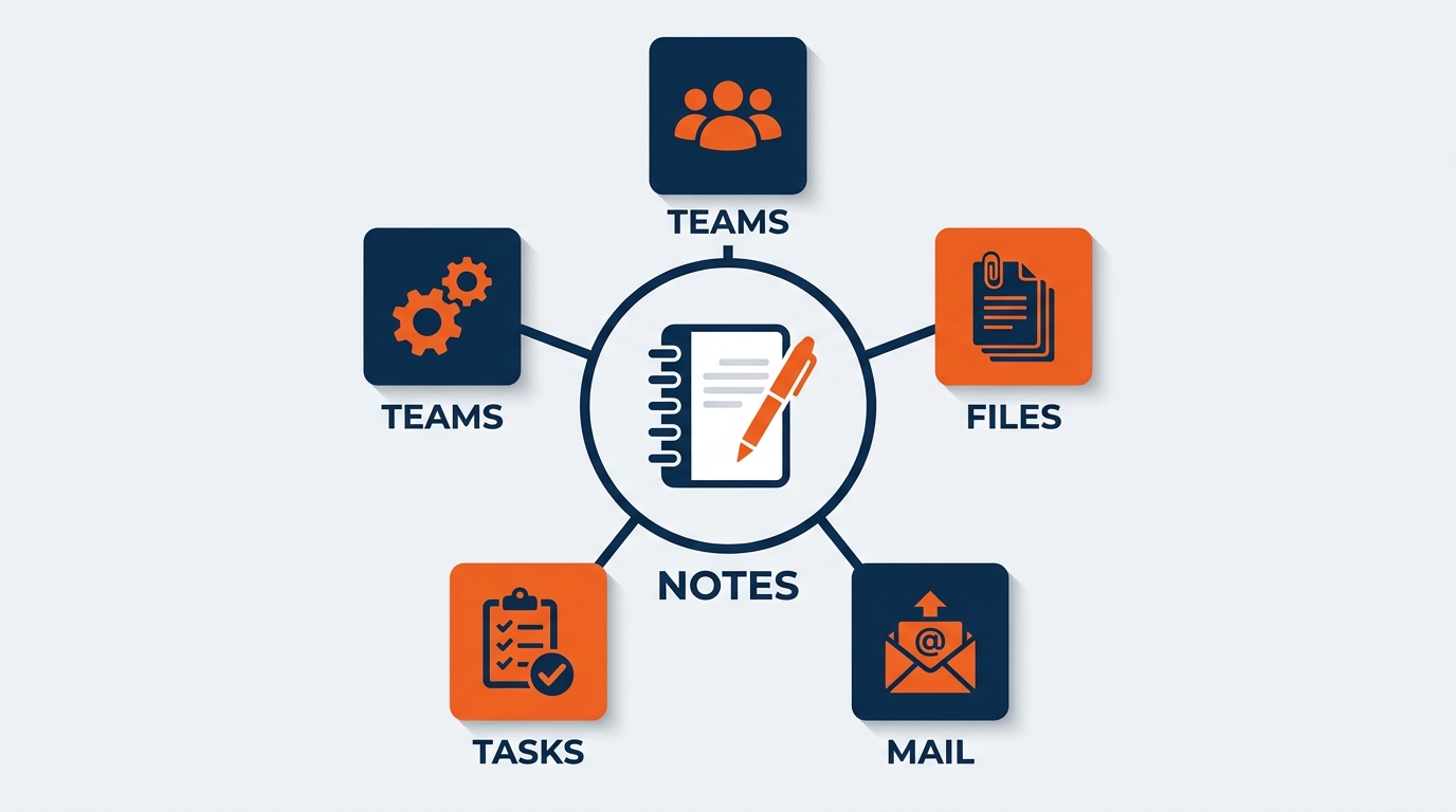 Layered diagram showing OneNote's position in the Microsoft 365 ecosystem — Teams and Outlook at the communication layer, OneNote highlighted as the knowledge capture layer in the middle, SharePoint and OneDrive at the storage layer, with bidirectional arrows showing how meeting notes flow from Teams into OneNote, documents sync to SharePoint, and Copilot works within the notebook context