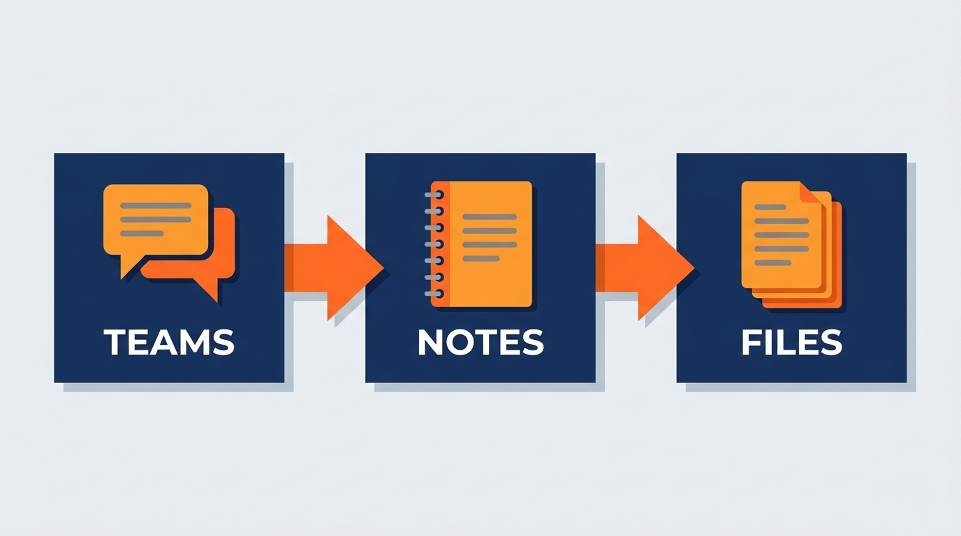 Integration diagram showing OneNote connected to Microsoft Teams and SharePoint — three icons arranged in a triangle with Teams top left, OneNote top right, and SharePoint bottom center, with bidirectional arrows between all three labeled 'Teams meeting recap to OneNote', 'Show notebook stored in SharePoint', and 'SharePoint show documents accessible from OneNote', with a central label reading 'Shared Knowledge Layer' and show team collaboration context