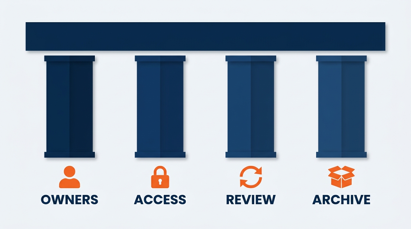 Four-panel governance framework diagram showing the Content Management Assessment hub, site lifecycle management, archiving workflow, and SharePoint Advanced Management features — arranged as a connected cycle with arrows showing how each component feeds the next