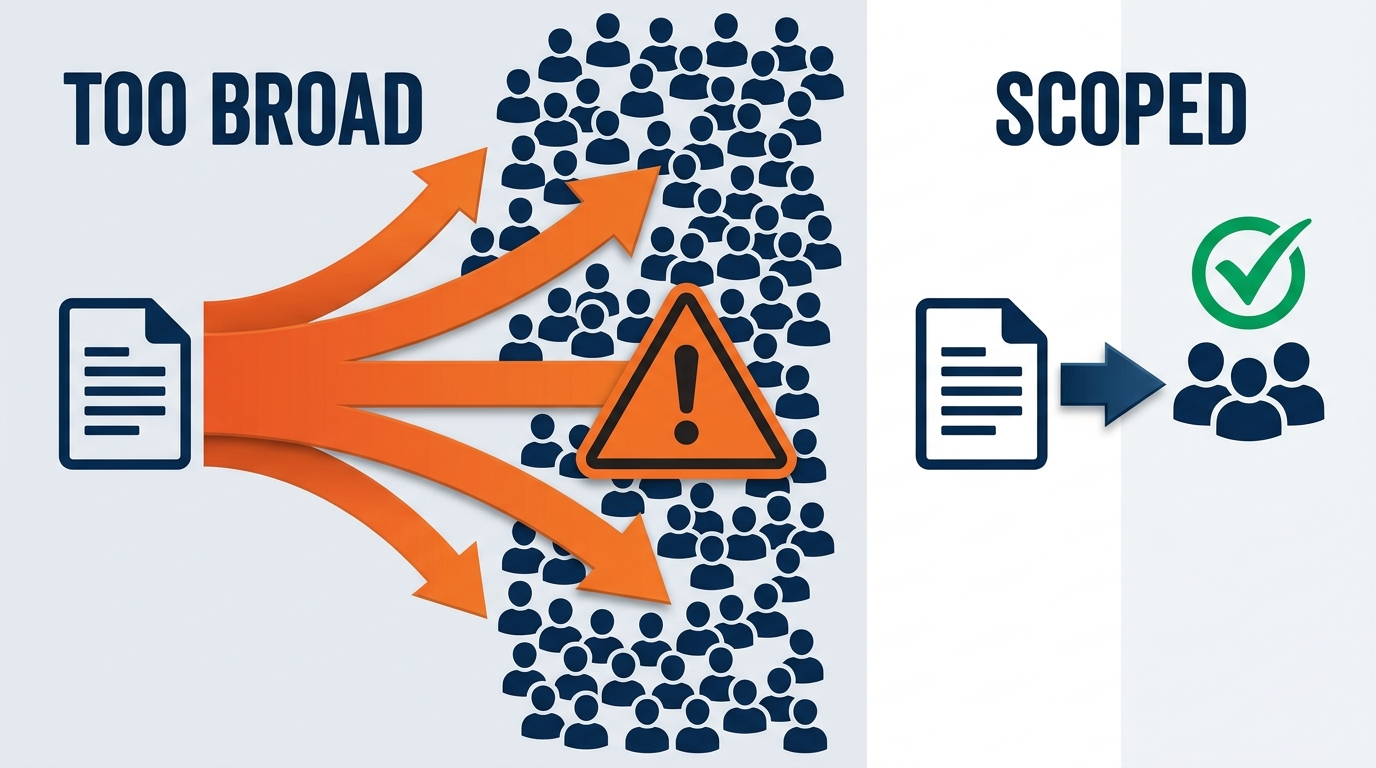 Risk diagram showing the cross-client contamination problem in SharePoint — illustrating how a client design folder shared broadly via an organization-wide link becomes accessible in Copilot responses to team members working for a competing client at the same show, with a risk meter showing escalating confidentiality concern levels