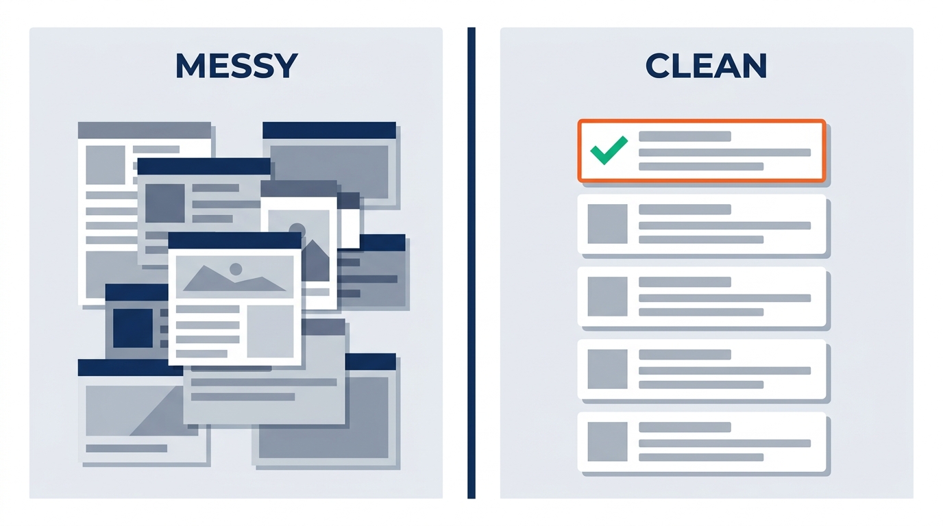 Side-by-side comparison diagram showing poor SharePoint organization (left) — unnamed folders, generic file names, outdated content — producing a vague Copilot response, versus well-organized SharePoint (right) — consistent naming, current content, clear metadata — producing a precise, source-cited Copilot response