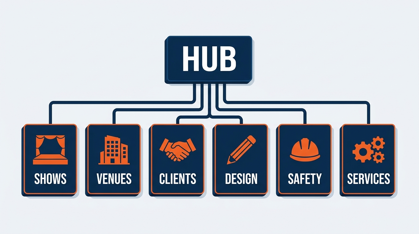 Site structure diagram for GES — showing six primary SharePoint sites (Show Operations, Venue Knowledge, Client Accounts, Spiro Design Assets, Safety and Sustainability, Commercial and Contracts) each with standardized sub-library structure, connected to a central IT and governance hub