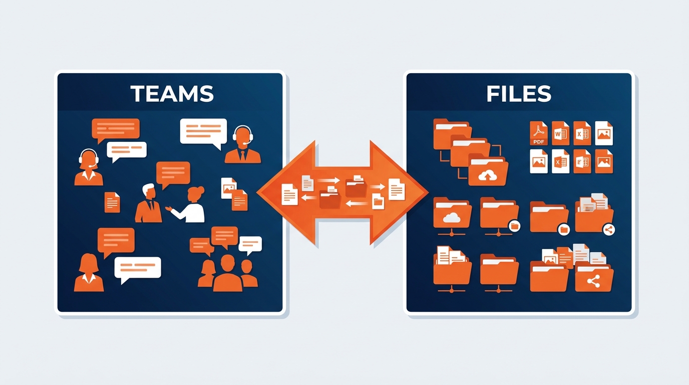 Integration architecture diagram showing the SharePoint-Teams-Copilot triangle — Teams channels connected to SharePoint document libraries, meeting recordings stored in SharePoint, and Copilot accessing both for natural language queries — with arrows showing bidirectional data flow and a user interface panel showing a sample query