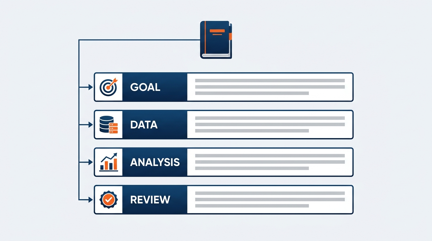Infographic showing the structure of a GES Analytics Playbook. Five sections arranged as notebook tabs: (1) Standard Templates — monthly, per-show, ad-hoc. (2) Proven Prompt and Assignment Library — categorized by analysis type. (3) Verification Protocols — by stakes level. (4) Data Standards — column naming, units, currency, source requirements. (5) Escalation Guidelines — what to flag, who to notify. Blue and orange color scheme, clean professional design.