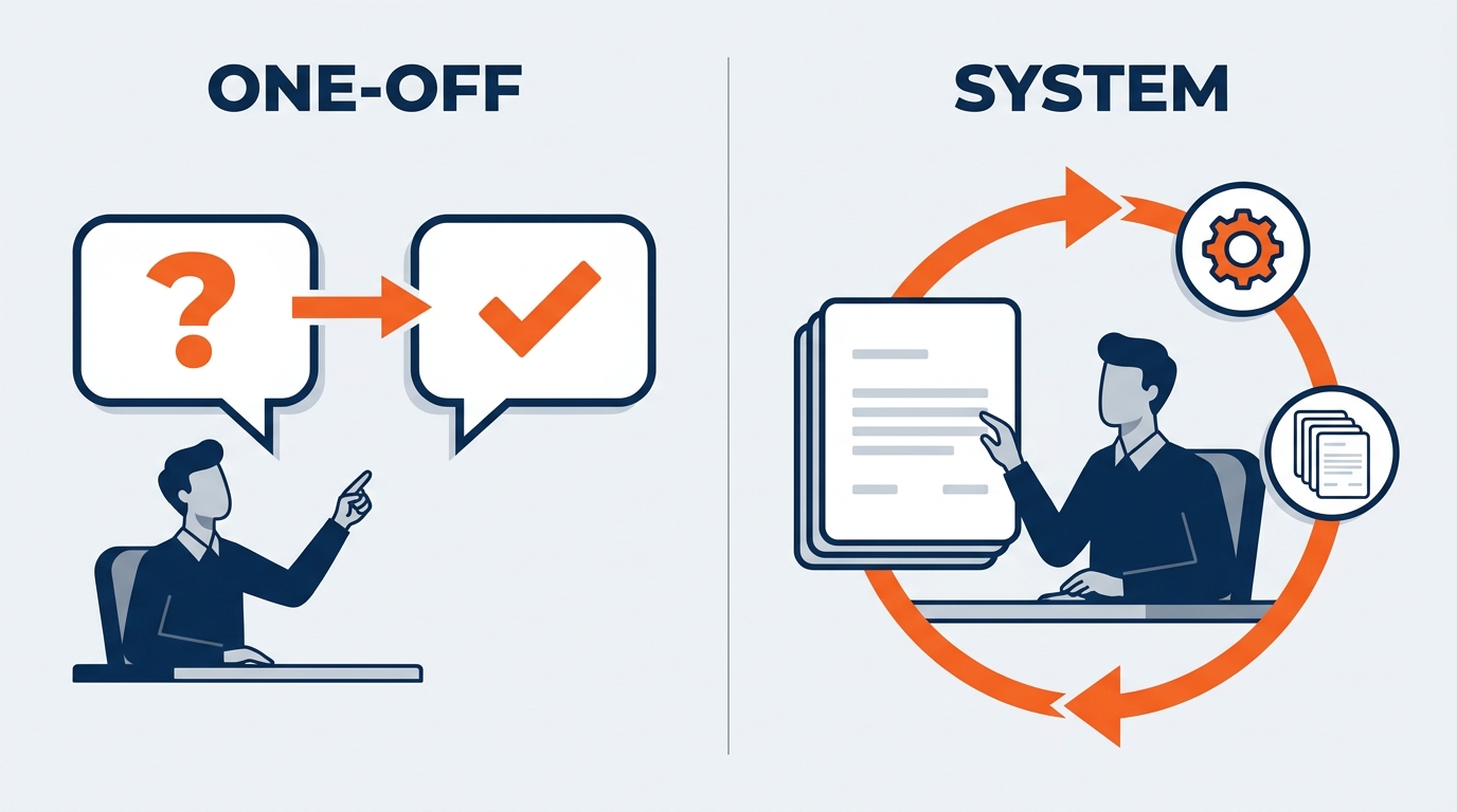 Side-by-side comparison infographic contrasting the Basic Copilot User workflow versus the Advanced Copilot User workflow for exhibition analytics. Left side shows a linear, manual monthly loop with icons for export, format, analyze, present — labeled "Rebuilt every show cycle." Right side shows a hub-and-spoke system with a central template feeding automated outputs — labeled "Built once, runs every show." Blue and orange color scheme, textbook quality.