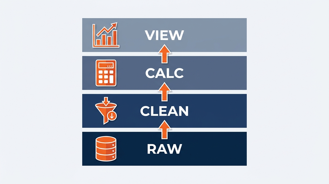 Dashboard architecture infographic showing a three-layer structure for show portfolio reporting. Layer 1 (Executive View): four KPI summary cards at the top — Portfolio Margin, Freight Variance, Overtime Share, Attach Rate — with trend indicators. Layer 2 (Operational View): two side-by-side charts — cost per net square foot by venue bar chart and forecast versus actual labor hours by show. Layer 3 (Detail View): filterable show-level data table. Each layer labeled with its purpose and audience. Blue and orange color scheme.