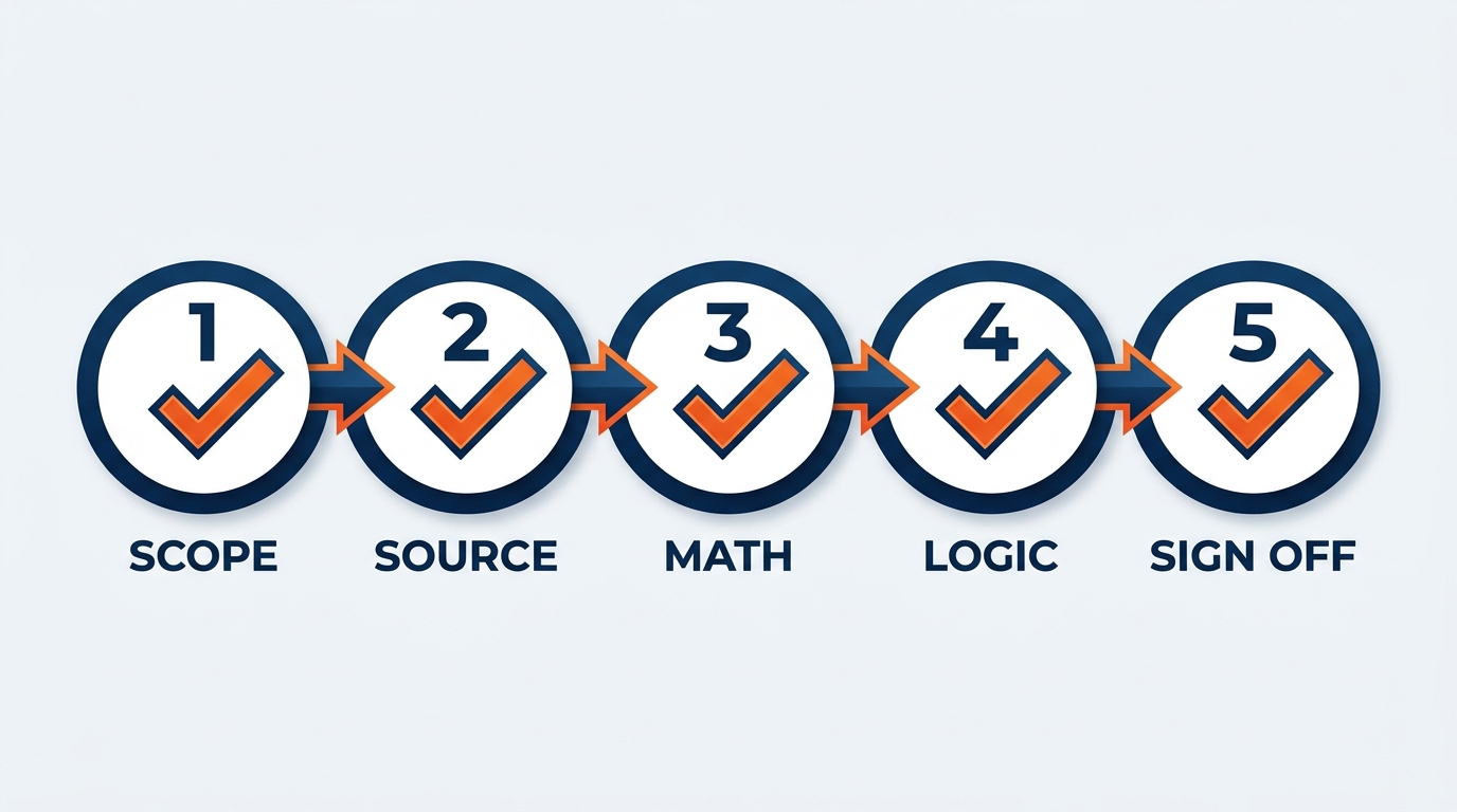 Five-step verification protocol infographic presented as a vertical checklist with numbered steps. Step 1: Logic Review — does the formula do what I think it does? Step 2: Assumption Audit — did Copilot make any assumptions I did not specify? Step 3: Boundary Test — what happens at the edges? Step 4: Source Verification — does this tie to the invoice, manifest, or tariff? Step 5: Peer Review — can a qualified colleague validate the key outputs? Each step has an icon and a brief sub-description. Blue and orange color scheme.