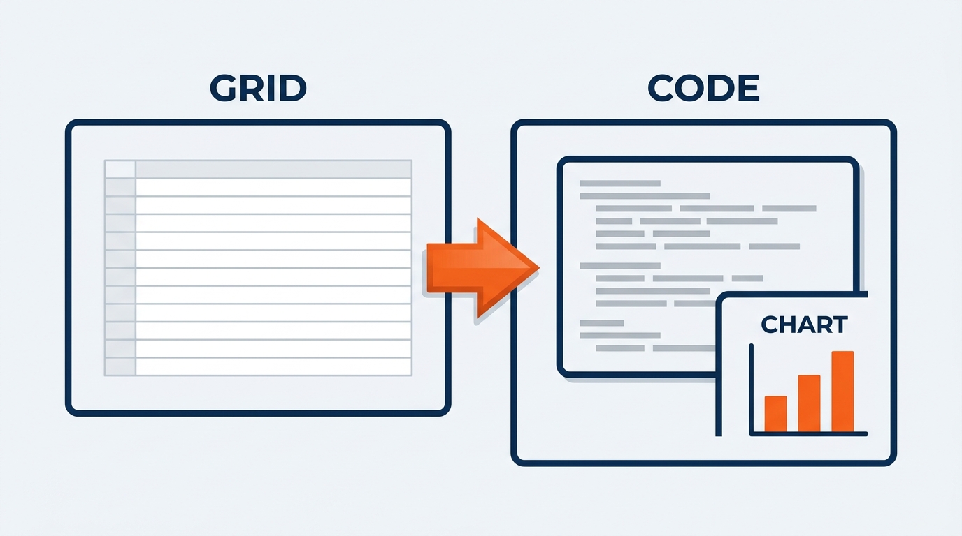 Split-screen infographic showing Python in Excel integration. Left panel shows a traditional Excel formula bar with standard syntax. Right panel shows a Python code cell in Excel with a pandas DataFrame operation and a matplotlib chart of freight variance appearing directly in the worksheet. Labels highlight the Python editor, the output cell, and the connection to external libraries. Blue and orange, modern design.