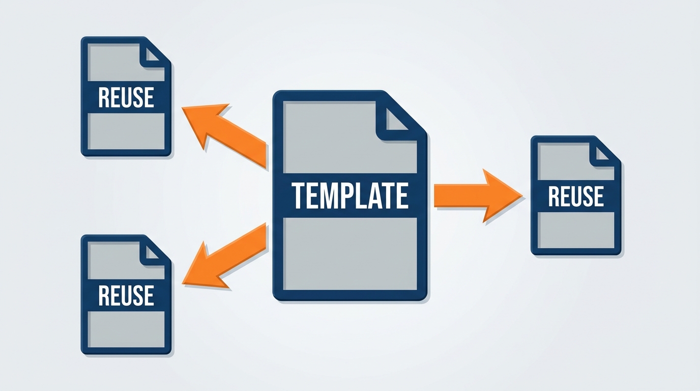 Flowchart infographic showing the five-stage design process for a repeatable analytical template in Excel for show data. Stage 1: Data Input Zone (raw reconciliation export pasted here). Stage 2: Validation Layer (Copilot-assisted error checks for missing venues, blank weights, unit mismatches). Stage 3: Calculation Engine (formulas built with Copilot). Stage 4: Summary Output (auto-populating charts and tables). Stage 5: Documentation Sheet (instructions for any user). Blue and orange, connected by arrows, white background.