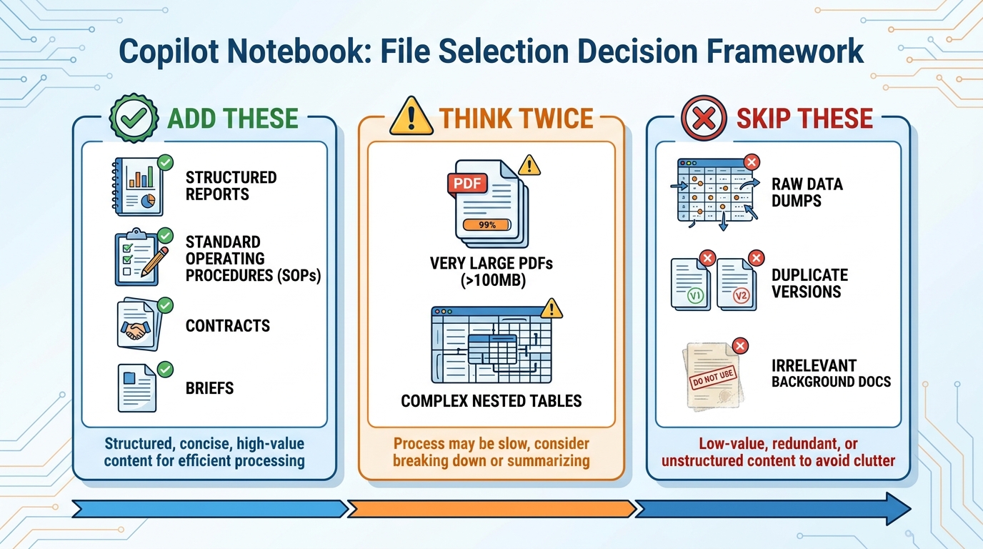 Illustrated decision framework diagram showing a central question "Which files belong in this notebook?" with branching paths. Left branch labeled "Include" with green checkmarks next to icons for source documents, reference contracts, historical reports. Right branch labeled "Exclude" with red X marks next to icons for duplicates, low-quality scans, unrelated files. Small callout boxes note the 20-file limit and "Quality over Quantity" principle. GES blue and orange, flat design.