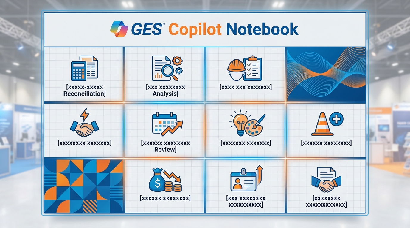 Illustrated 2x5 grid of icon cards, each representing one of ten GES use cases for Copilot Notebooks. Each card has a simple icon (freight truck, building blueprint, safety shield, dollar sign chart, onboarding document, etc.) and a number 1-10. GES blue and orange color scheme, flat design, consistent card layout, no readable text on cards.