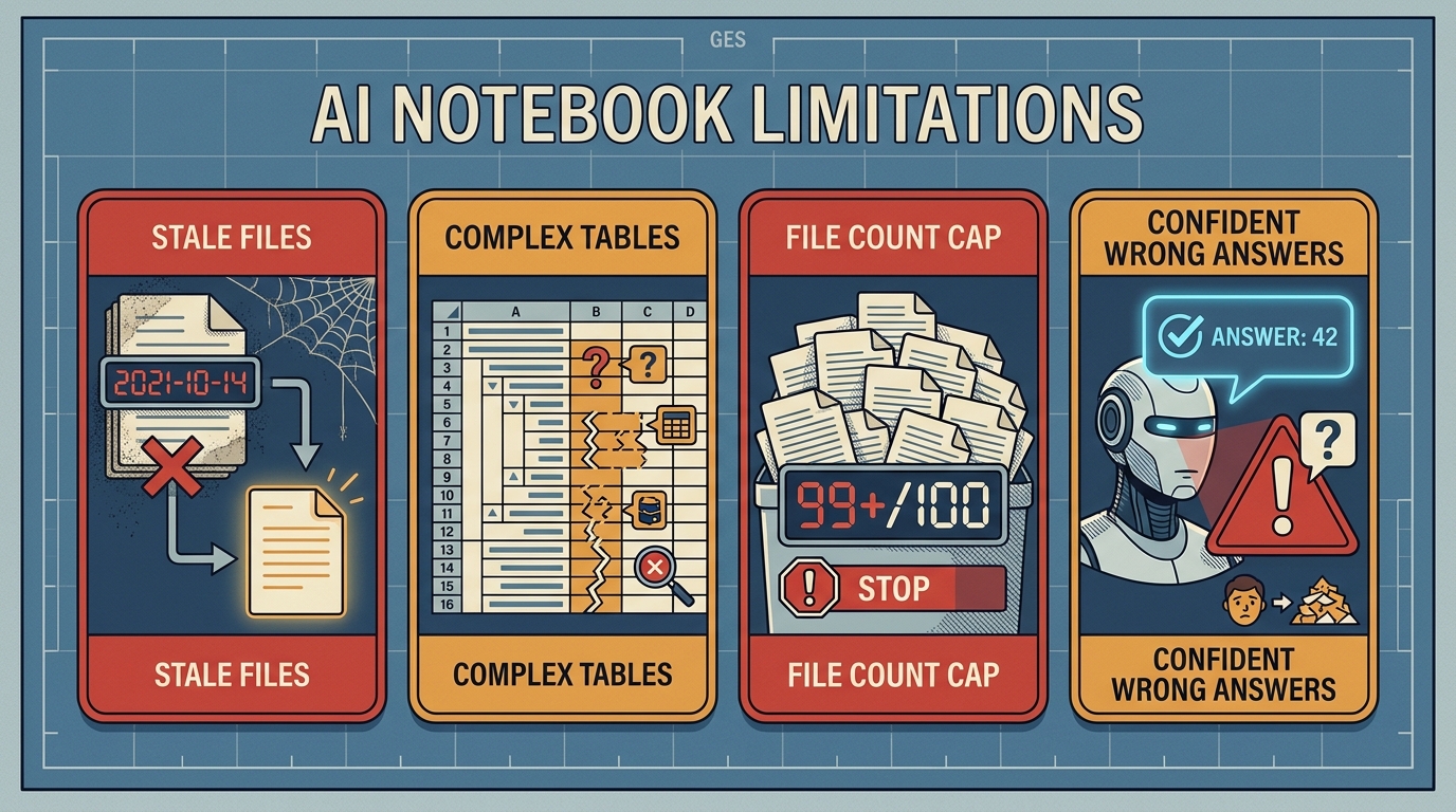 Illustrated warning-sign style infographic listing four limitations of Copilot Notebooks as icon-and-label pairs: a clock icon for "Stale Files," a file-size gauge for "Size Limits," a table grid with an X for "Complex Tables May Misread," and a share icon with a lock for "Shared Notebooks Share Everything." GES blue and orange color scheme, flat design, no garbled text.