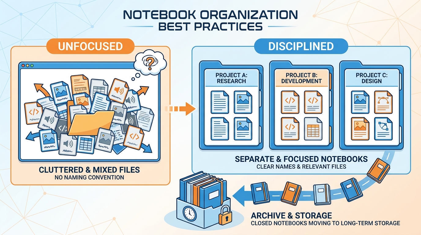 Illustrated split diagram showing two contrasting examples. Left side labeled "Focused Notebook" shows a neatly organized notebook icon with a clear label and a small stack of relevant files. Right side labeled "Sprawling Notebook" shows a cluttered notebook icon with many overlapping file icons and a confused question mark. GES blue and orange, flat design, no readable text.