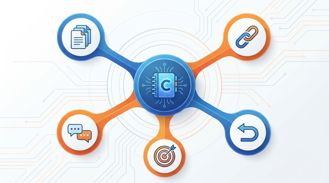 Illustrated hub-and-spoke infographic with a blue notebook icon at the center labeled "Copilot Notebooks" and five spokes radiating outward to icons representing Multiple Files, Persistent Context, Multi-Turn Analysis, Returnable Workspace, and Grounded Answers. Clean flat design with GES blue and orange color scheme, textbook illustration quality. No people, no text garbling, no screens with readable content.