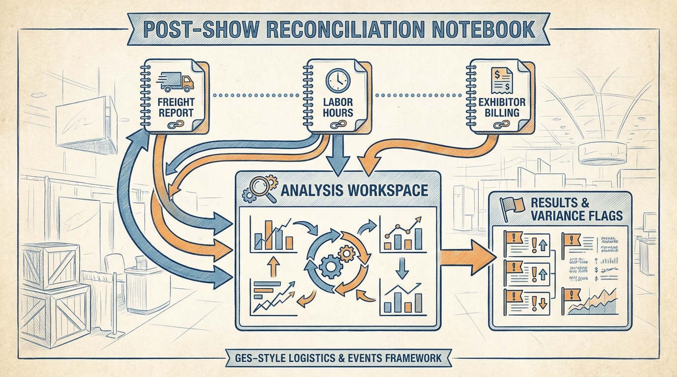 Illustrated diagram showing three show document stacks (labeled Show A, Show B, Show C) on the left, connected by arrows to a central Notebooks workspace icon, which then connects on the right to three output icons: a comparison table, an executive summary document, and a billing dispute analysis document. GES blue and orange color scheme, flat design, no readable text.