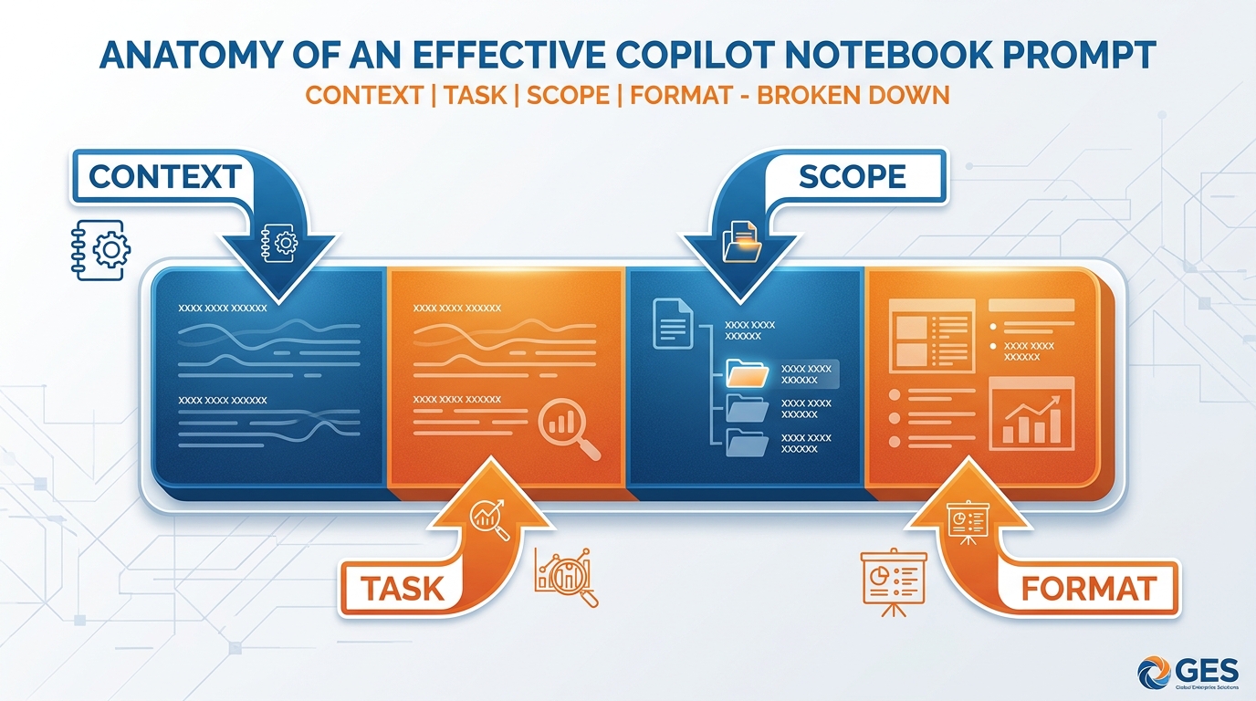 Illustrated diagram showing a single prompt broken into labeled components. A text bubble contains a sample prompt, with colored annotation arrows pointing to different sections: "Scope" (which documents to focus on), "Task" (what to do), "Format" (how to structure output), and "Build-on" (reference to a prior turn). GES blue and orange, flat infographic style, no readable text in the sample prompt.