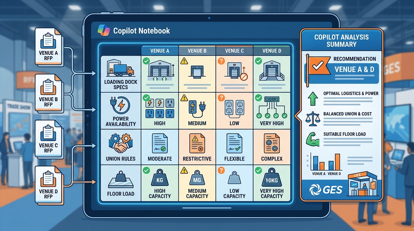 Illustrated infographic showing four venue document icons feeding into a central "Notebooks" analysis hub, with output arrows pointing to comparison categories: Loading Docks, Power, Union Rules, Floor Load. Clean hub-and-spoke diagram in GES blue and orange. Flat design, no readable text, no screens.