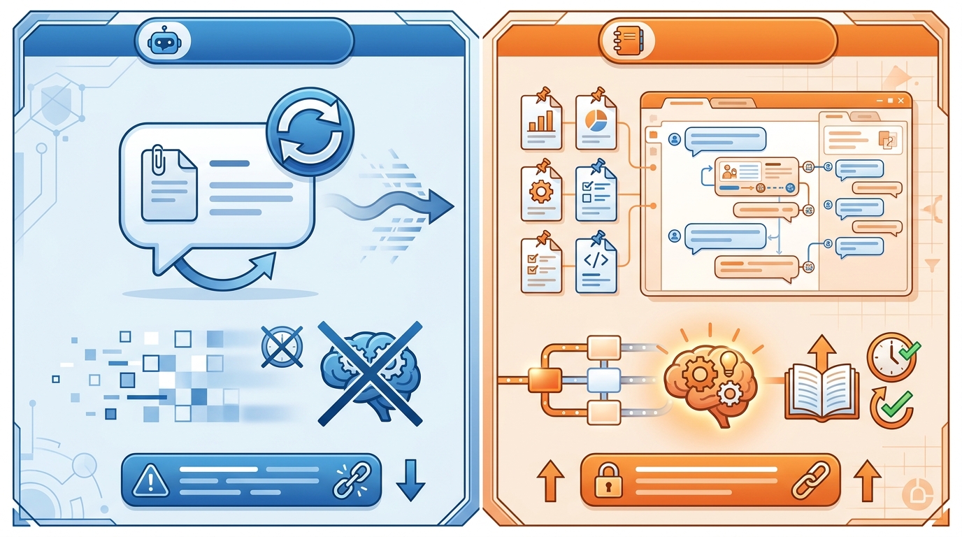 Side-by-side comparison diagram with two columns. Left column labeled "Standard Copilot Chat" shows icons for a single chat bubble, files that disappear after each session, and a reset arrow. Right column labeled "Copilot Notebooks" shows icons for a pinned file stack, a persistent conversation thread, and a return arrow. GES blue and orange color scheme, clean flat design, no text garbling.